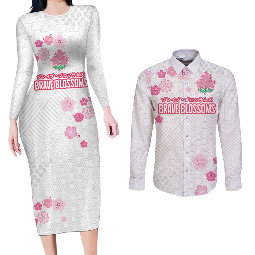 Custom Rugby Japan Couples Matching Long Sleeve Bodycon Dress and Long Sleeve Button Shirt The Champion Brave Blossoms White Color - Wonder Print Shop
