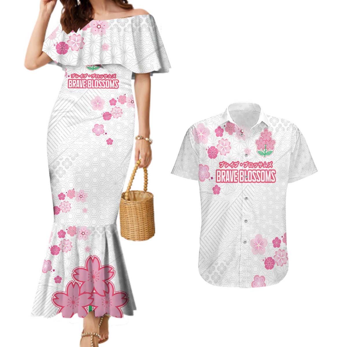 Custom Rugby Japan Couples Matching Mermaid Dress and Hawaiian Shirt The Champion Brave Blossoms White Color - Wonder Print Shop