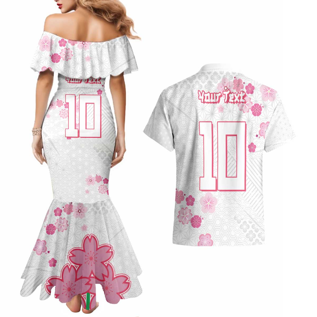 Custom Rugby Japan Couples Matching Mermaid Dress and Hawaiian Shirt The Champion Brave Blossoms White Color - Wonder Print Shop