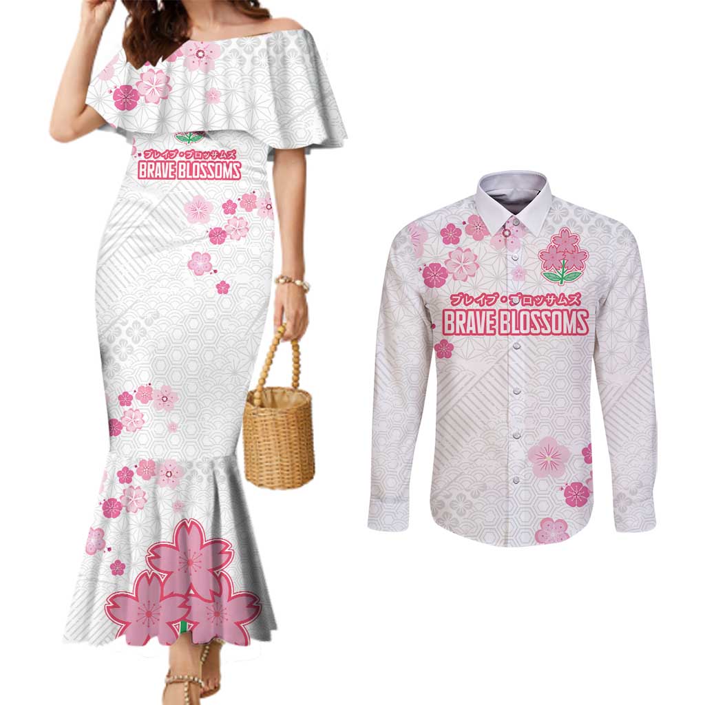 Custom Rugby Japan Couples Matching Mermaid Dress and Long Sleeve Button Shirt The Champion Brave Blossoms White Color - Wonder Print Shop