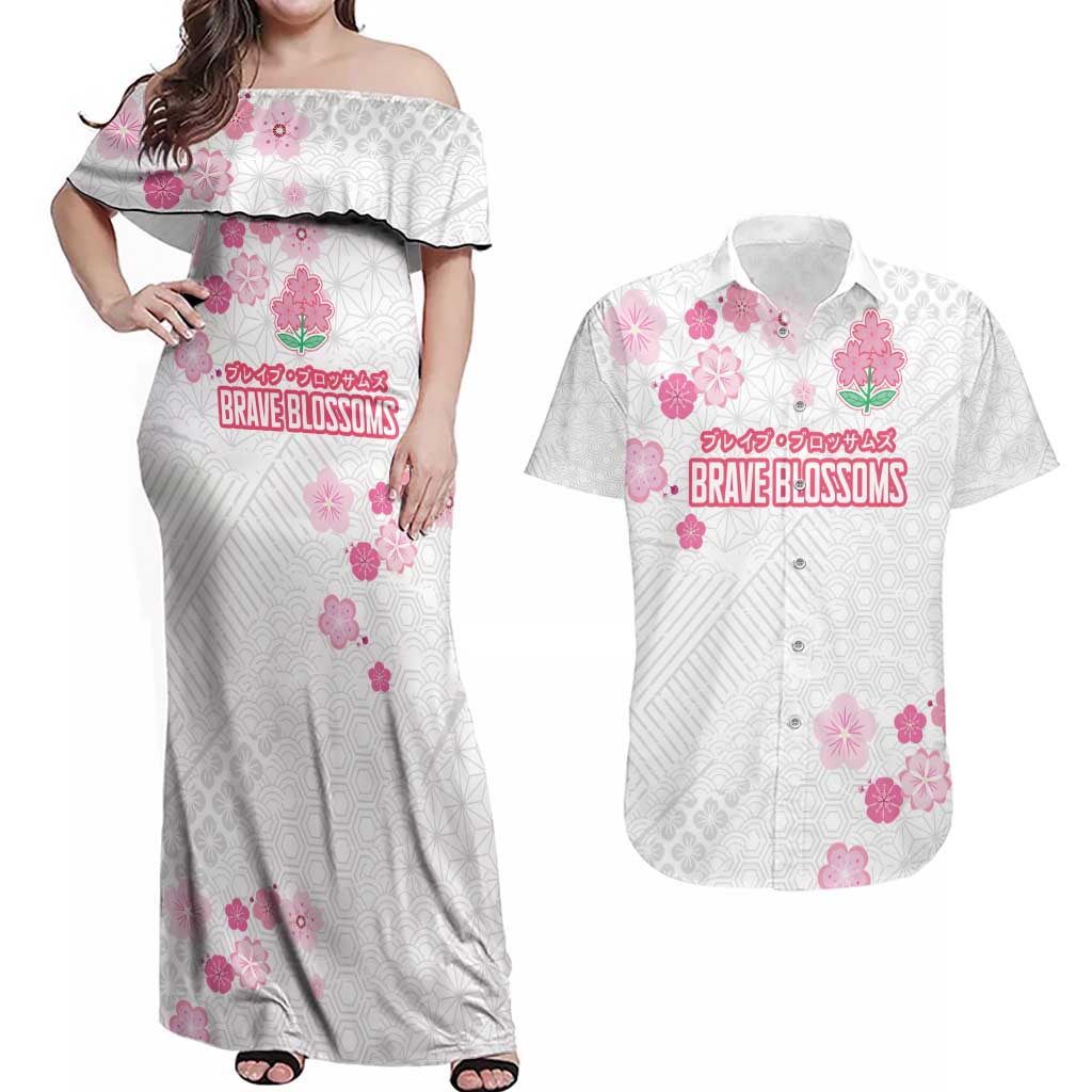 Custom Rugby Japan Couples Matching Off Shoulder Maxi Dress and Hawaiian Shirt The Champion Brave Blossoms White Color - Wonder Print Shop