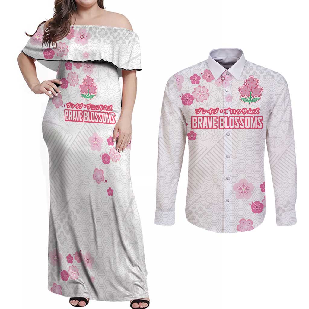 Custom Rugby Japan Couples Matching Off Shoulder Maxi Dress and Long Sleeve Button Shirt The Champion Brave Blossoms White Color - Wonder Print Shop