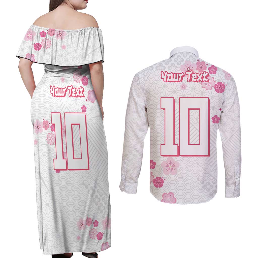 Custom Rugby Japan Couples Matching Off Shoulder Maxi Dress and Long Sleeve Button Shirt The Champion Brave Blossoms White Color - Wonder Print Shop