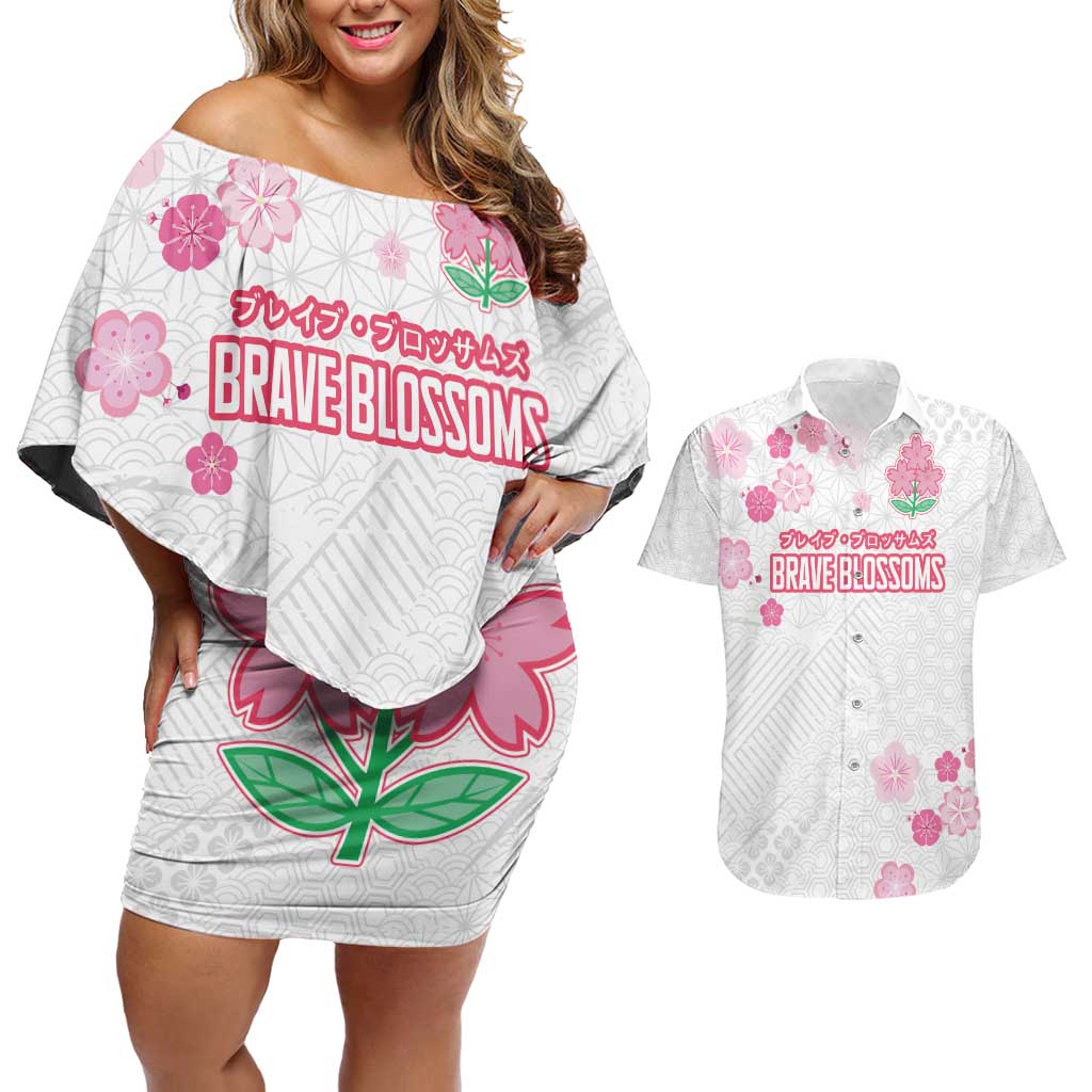Custom Rugby Japan Couples Matching Off Shoulder Short Dress and Hawaiian Shirt The Champion Brave Blossoms White Color - Wonder Print Shop