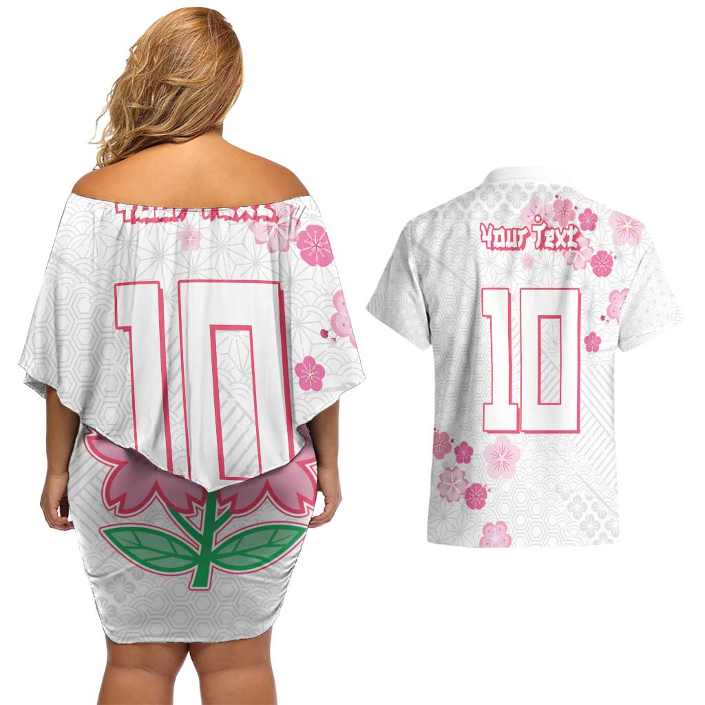 Custom Rugby Japan Couples Matching Off Shoulder Short Dress and Hawaiian Shirt The Champion Brave Blossoms White Color - Wonder Print Shop