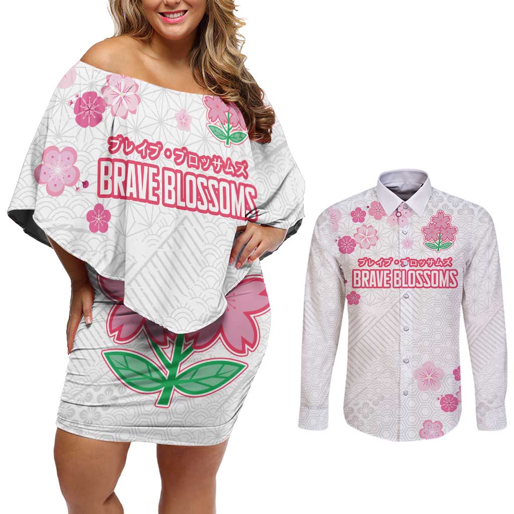 Custom Rugby Japan Couples Matching Off Shoulder Short Dress and Long Sleeve Button Shirt The Champion Brave Blossoms White Color - Wonder Print Shop