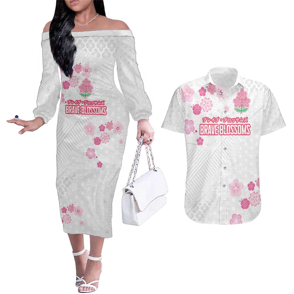 Custom Rugby Japan Couples Matching Off The Shoulder Long Sleeve Dress and Hawaiian Shirt The Champion Brave Blossoms White Color - Wonder Print Shop