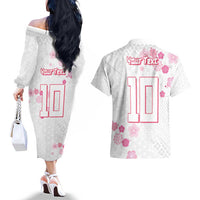 Custom Rugby Japan Couples Matching Off The Shoulder Long Sleeve Dress and Hawaiian Shirt The Champion Brave Blossoms White Color - Wonder Print Shop