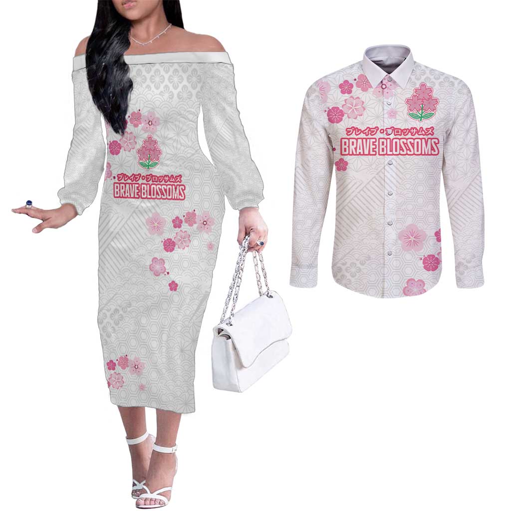 Custom Rugby Japan Couples Matching Off The Shoulder Long Sleeve Dress and Long Sleeve Button Shirt The Champion Brave Blossoms White Color - Wonder Print Shop