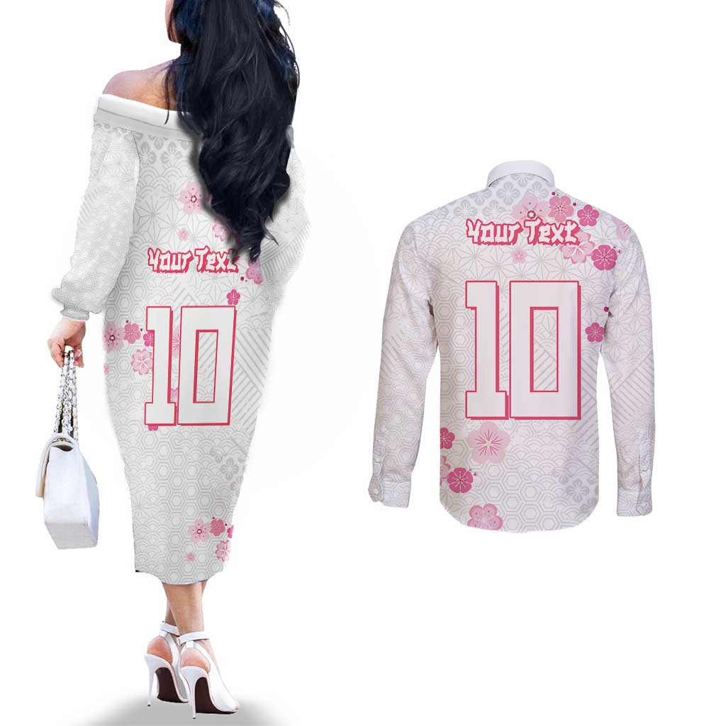 Custom Rugby Japan Couples Matching Off The Shoulder Long Sleeve Dress and Long Sleeve Button Shirt The Champion Brave Blossoms White Color - Wonder Print Shop
