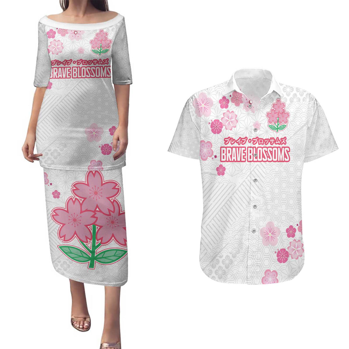 Custom Rugby Japan Couples Matching Puletasi and Hawaiian Shirt The Champion Brave Blossoms White Color - Wonder Print Shop