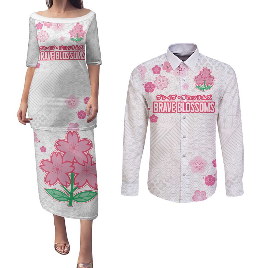 Custom Rugby Japan Couples Matching Puletasi and Long Sleeve Button Shirt The Champion Brave Blossoms White Color - Wonder Print Shop