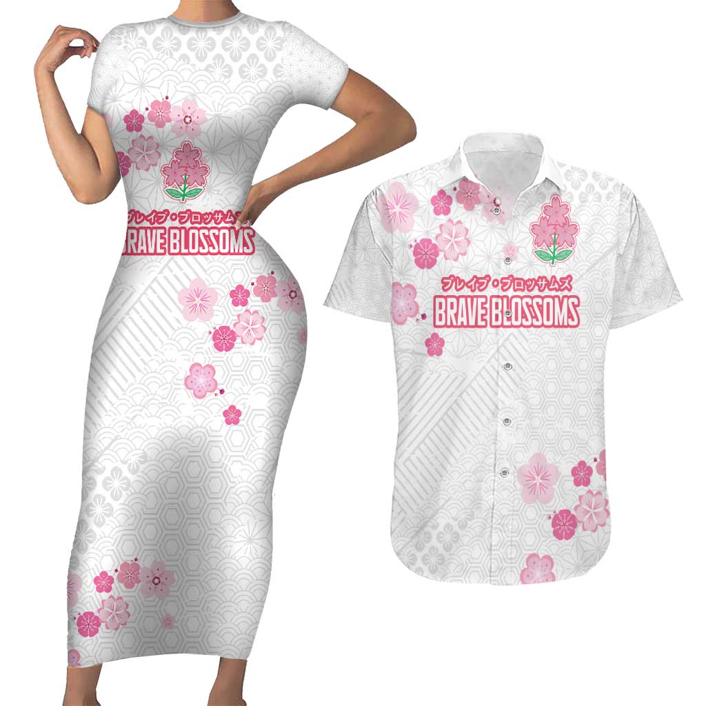 Custom Rugby Japan Couples Matching Short Sleeve Bodycon Dress and Hawaiian Shirt The Champion Brave Blossoms White Color - Wonder Print Shop