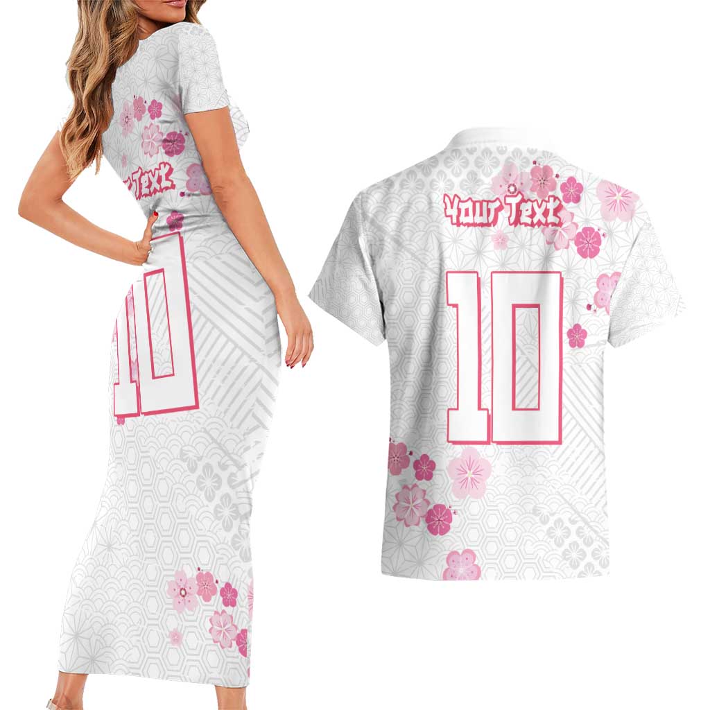 Custom Rugby Japan Couples Matching Short Sleeve Bodycon Dress and Hawaiian Shirt The Champion Brave Blossoms White Color - Wonder Print Shop
