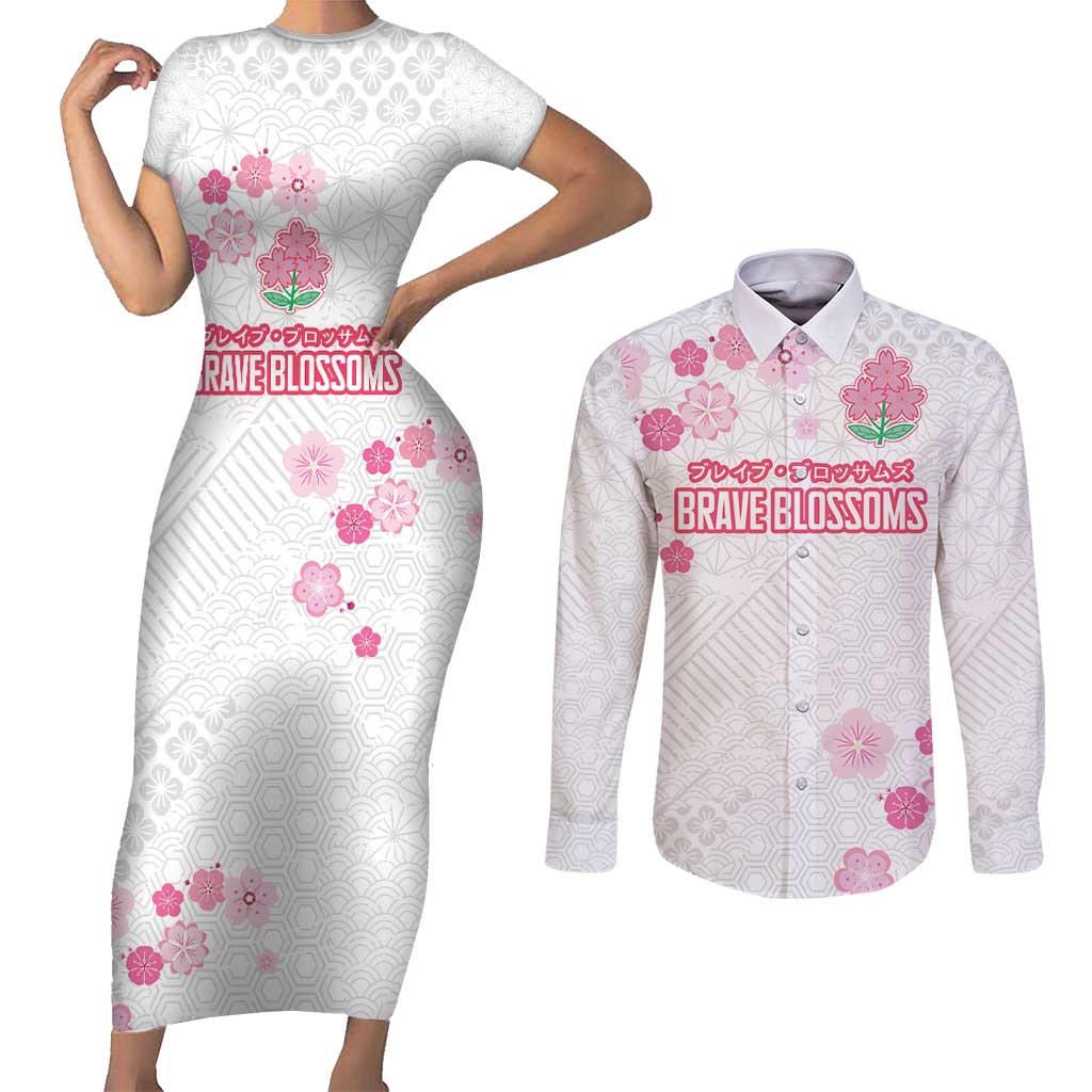 Custom Rugby Japan Couples Matching Short Sleeve Bodycon Dress and Long Sleeve Button Shirt The Champion Brave Blossoms White Color - Wonder Print Shop