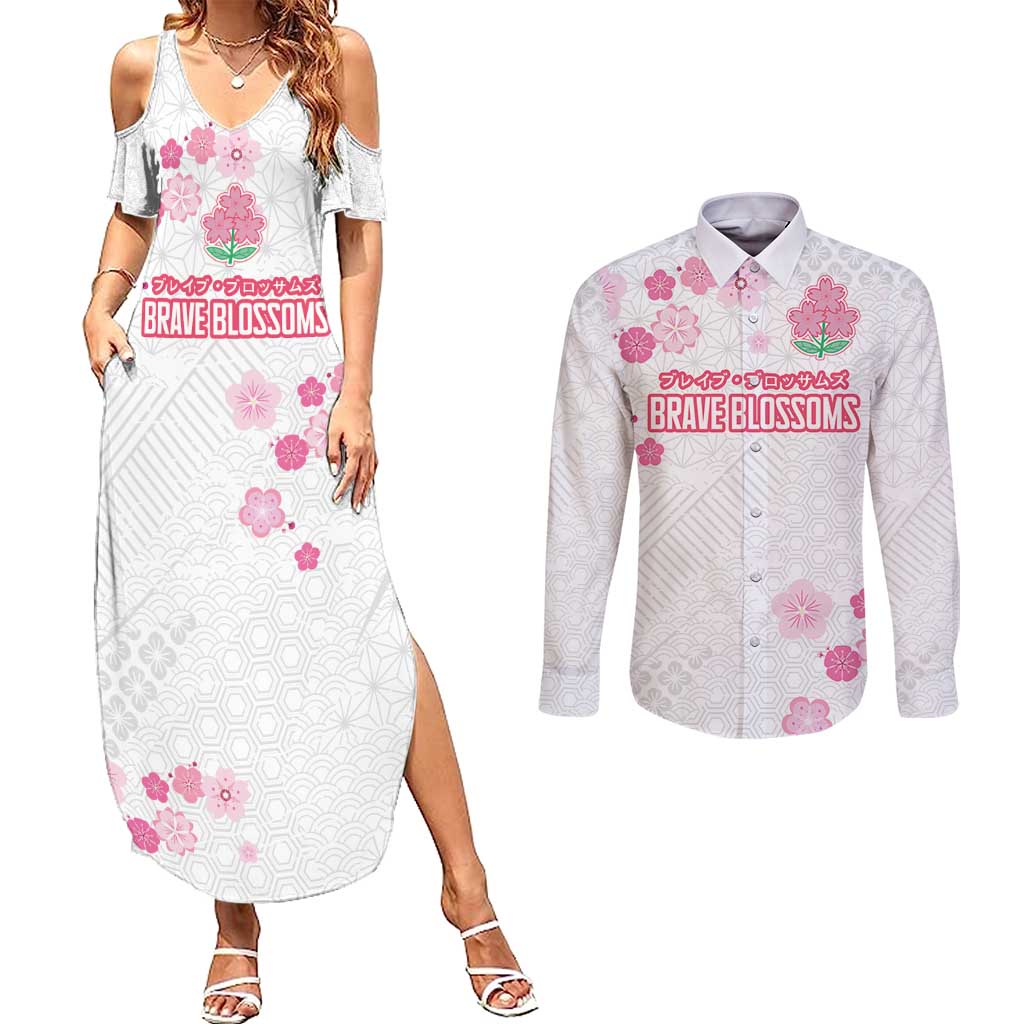Custom Rugby Japan Couples Matching Summer Maxi Dress and Long Sleeve Button Shirt The Champion Brave Blossoms White Color - Wonder Print Shop