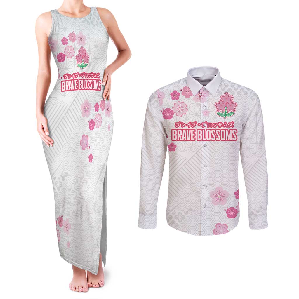 Custom Rugby Japan Couples Matching Tank Maxi Dress and Long Sleeve Button Shirt The Champion Brave Blossoms White Color - Wonder Print Shop