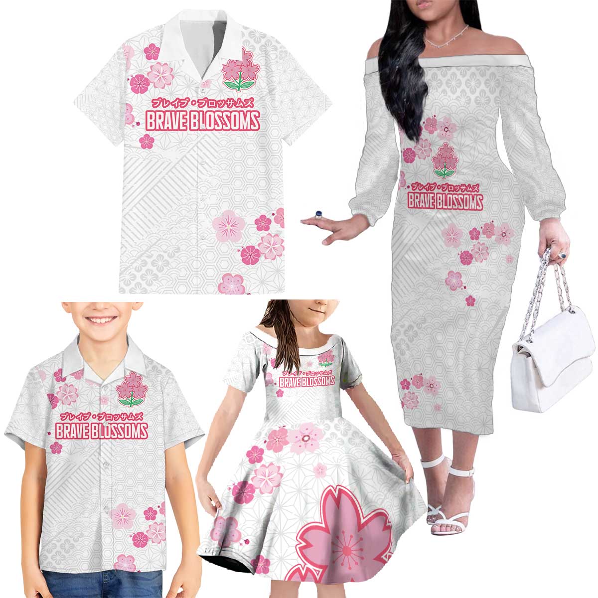 Custom Rugby Japan Family Matching Off The Shoulder Long Sleeve Dress and Hawaiian Shirt The Champion Brave Blossoms White Color - Wonder Print Shop