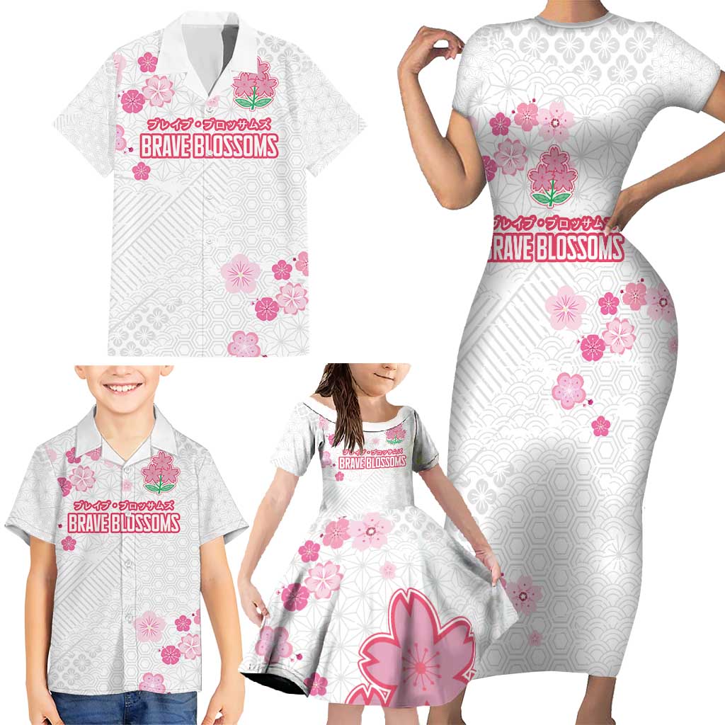 Custom Rugby Japan Family Matching Short Sleeve Bodycon Dress and Hawaiian Shirt The Champion Brave Blossoms White Color - Wonder Print Shop