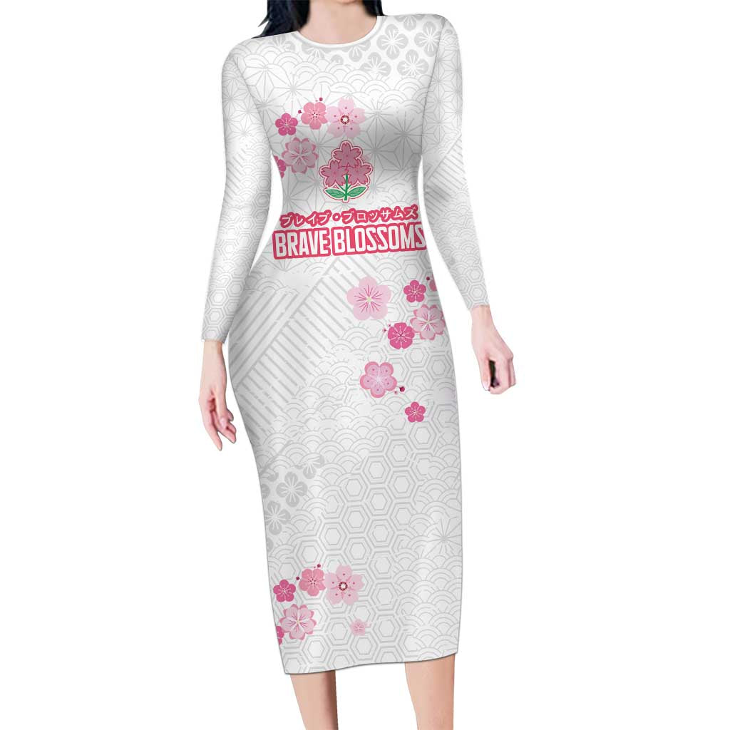 Custom Rugby Japan Long Sleeve Bodycon Dress The Champion Brave Blossoms White Color - Wonder Print Shop