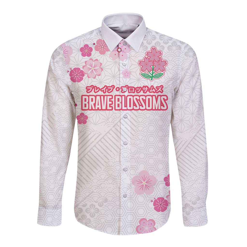 Custom Rugby Japan Long Sleeve Button Shirt The Champion Brave Blossoms White Color - Wonder Print Shop
