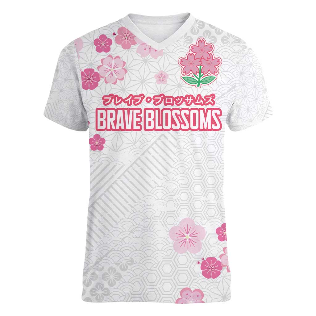 Custom Rugby Japan Women V-Neck T-Shirt The Champion Brave Blossoms White Color - Wonder Print Shop