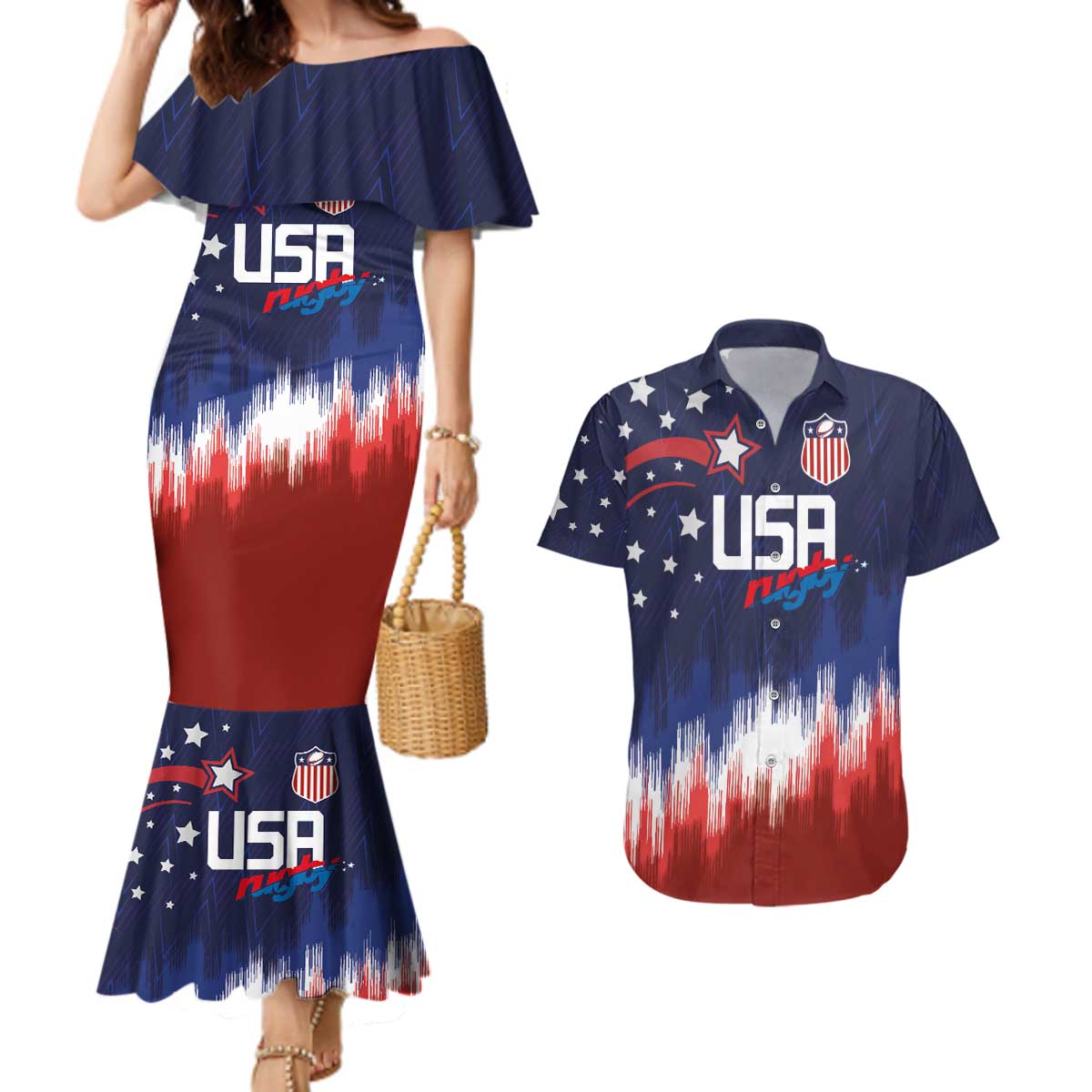 Custom Rugby USA Couples Matching Mermaid Dress and Hawaiian Shirt American Icon - Wonder Print Shop