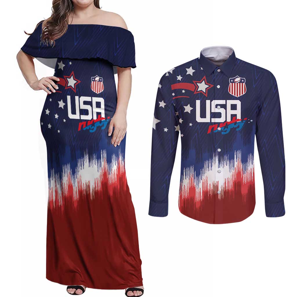 Custom Rugby USA Couples Matching Off Shoulder Maxi Dress and Long Sleeve Button Shirt American Icon - Wonder Print Shop