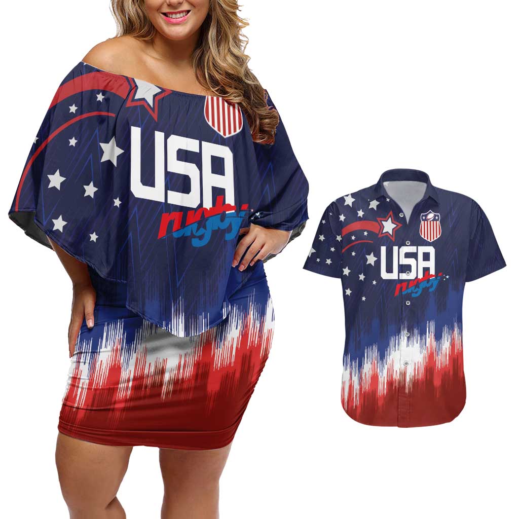 Custom Rugby USA Couples Matching Off Shoulder Short Dress and Hawaiian Shirt American Icon - Wonder Print Shop