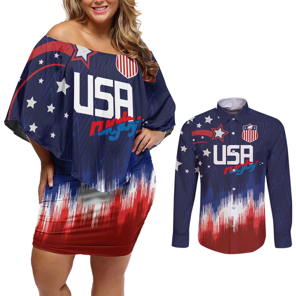 Custom Rugby USA Couples Matching Off Shoulder Short Dress and Long Sleeve Button Shirt American Icon - Wonder Print Shop