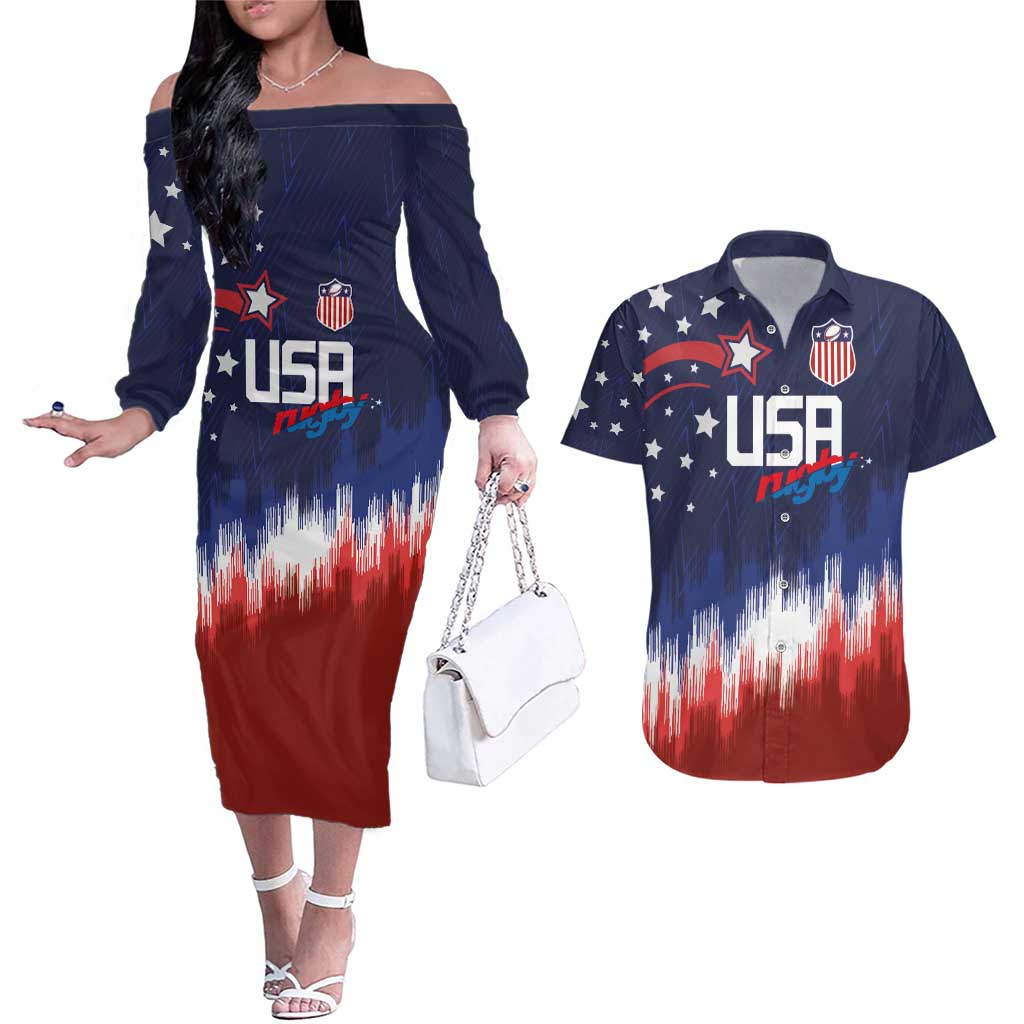 Custom Rugby USA Couples Matching Off The Shoulder Long Sleeve Dress and Hawaiian Shirt American Icon - Wonder Print Shop