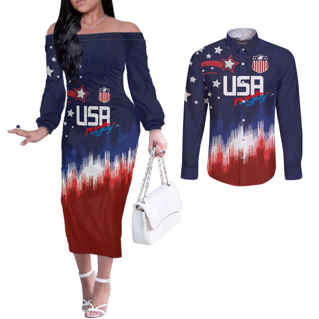 Custom Rugby USA Couples Matching Off The Shoulder Long Sleeve Dress and Long Sleeve Button Shirt American Icon - Wonder Print Shop