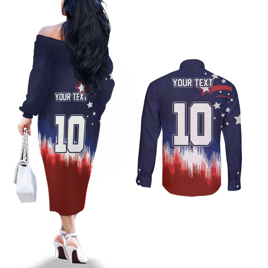 Custom Rugby USA Couples Matching Off The Shoulder Long Sleeve Dress and Long Sleeve Button Shirt American Icon - Wonder Print Shop