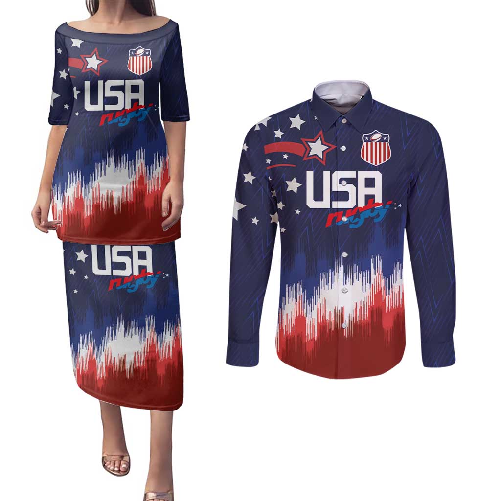 Custom Rugby USA Couples Matching Puletasi and Long Sleeve Button Shirt American Icon - Wonder Print Shop