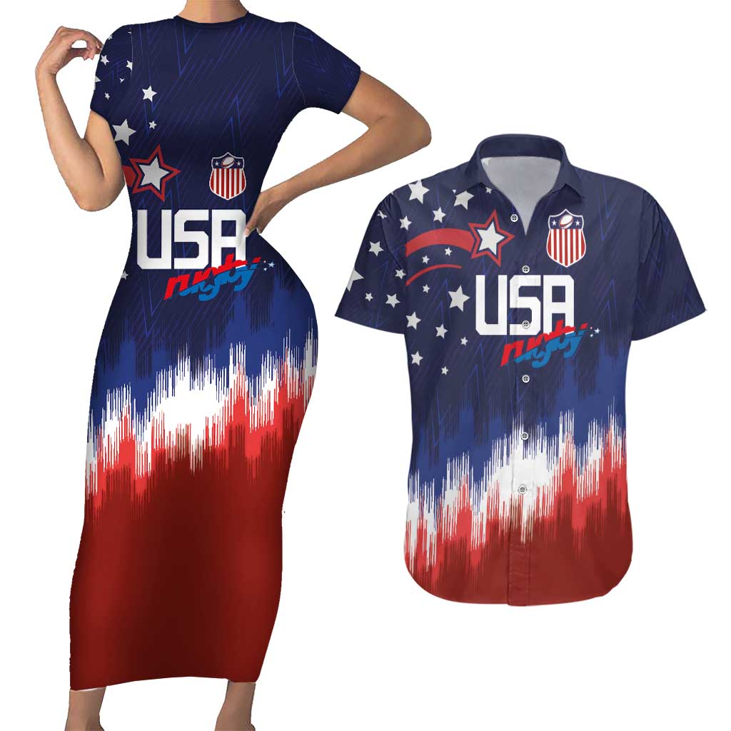 Custom Rugby USA Couples Matching Short Sleeve Bodycon Dress and Hawaiian Shirt American Icon - Wonder Print Shop
