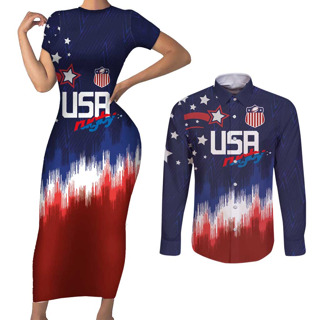 Custom Rugby USA Couples Matching Short Sleeve Bodycon Dress and Long Sleeve Button Shirt American Icon - Wonder Print Shop