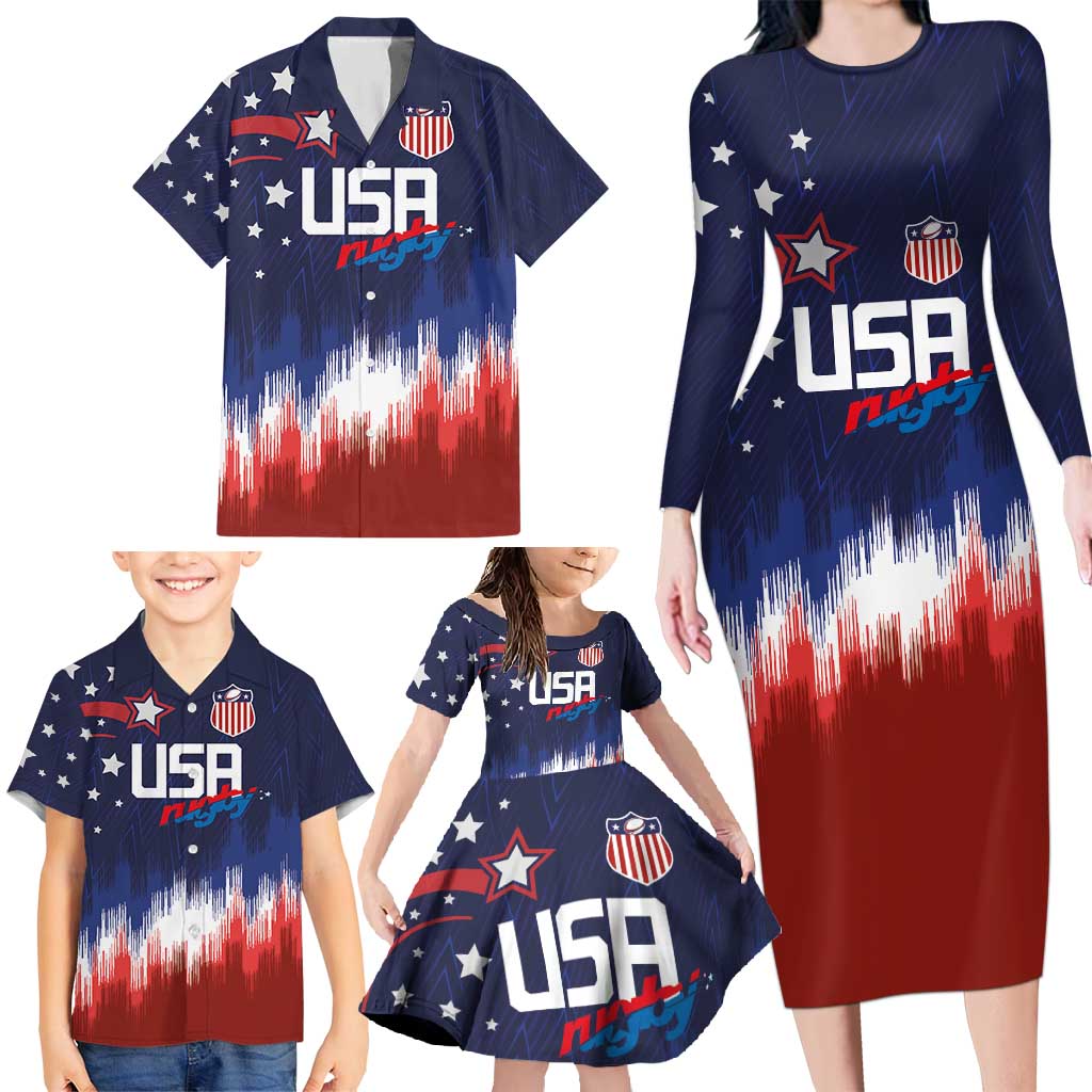 Custom Rugby USA Family Matching Long Sleeve Bodycon Dress and Hawaiian Shirt American Icon - Wonder Print Shop