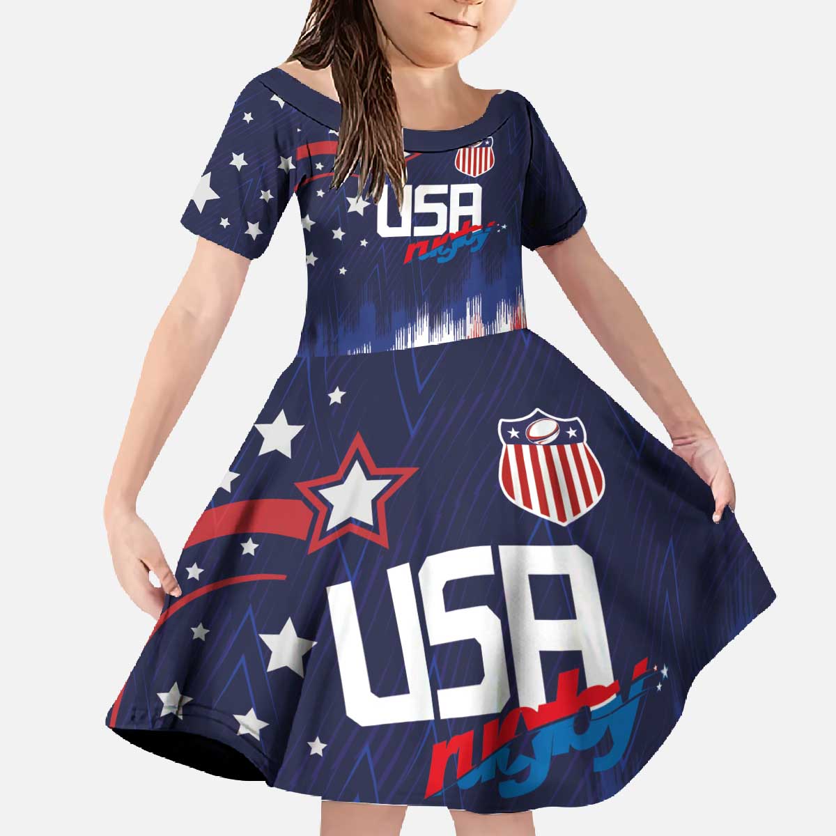 Custom Rugby USA Family Matching Off The Shoulder Long Sleeve Dress and Hawaiian Shirt American Icon - Wonder Print Shop