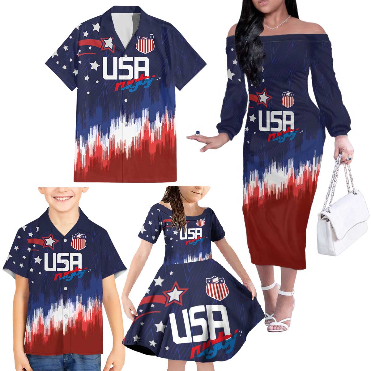 Custom Rugby USA Family Matching Off The Shoulder Long Sleeve Dress and Hawaiian Shirt American Icon - Wonder Print Shop