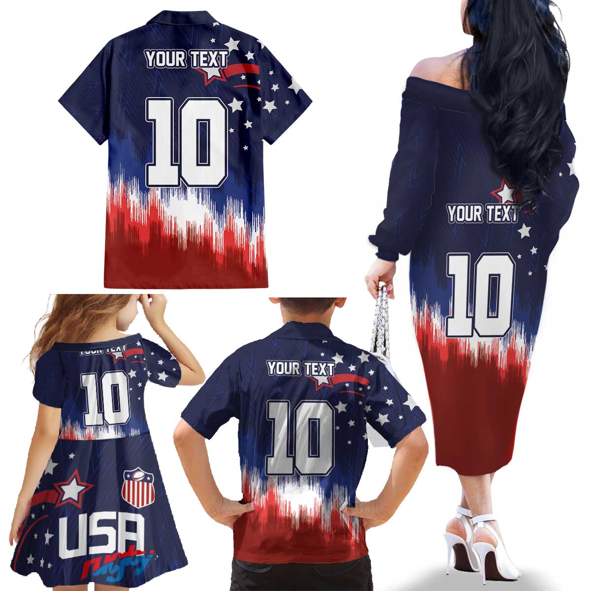 Custom Rugby USA Family Matching Off The Shoulder Long Sleeve Dress and Hawaiian Shirt American Icon - Wonder Print Shop