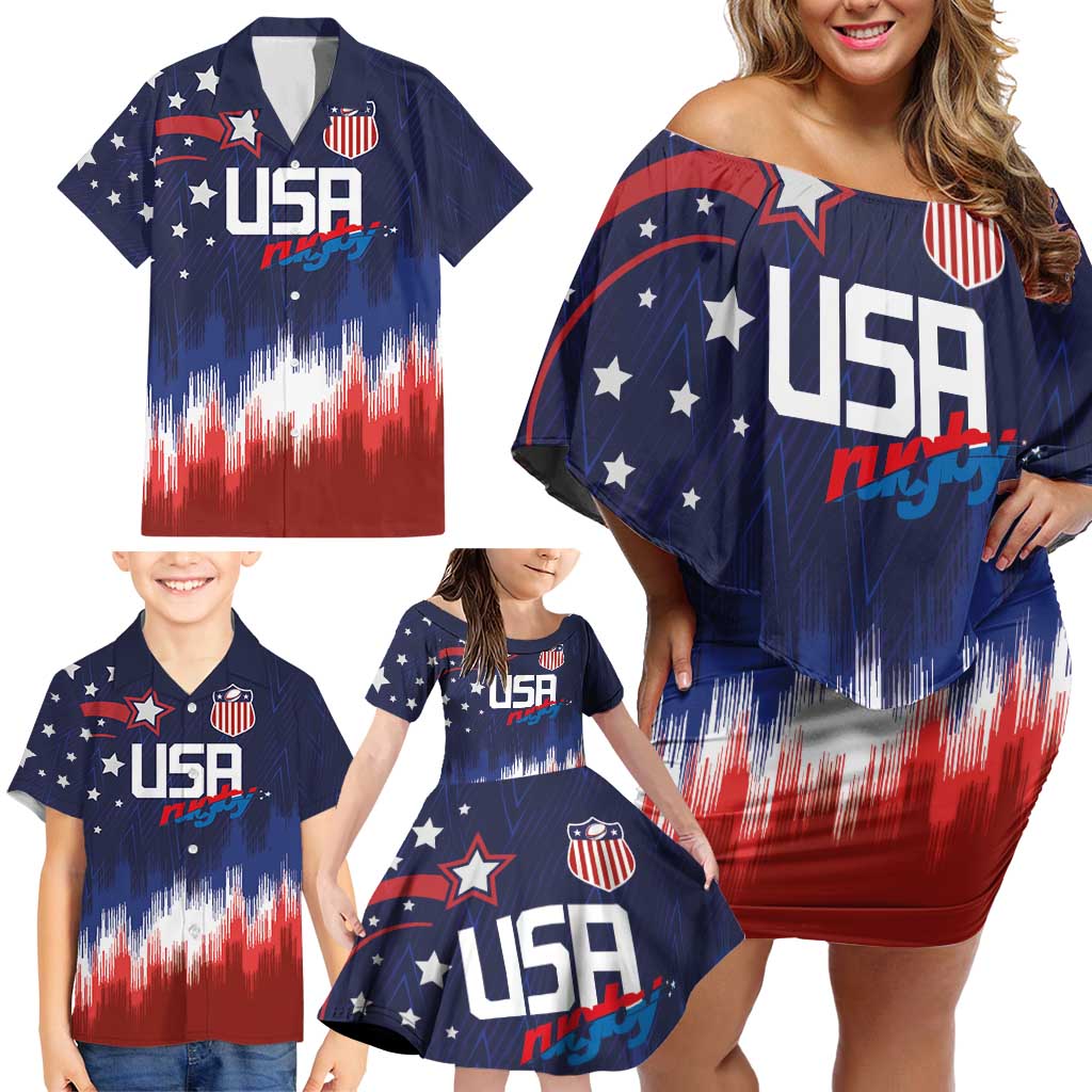 Custom Rugby USA Family Matching Off Shoulder Short Dress and Hawaiian Shirt American Icon - Wonder Print Shop
