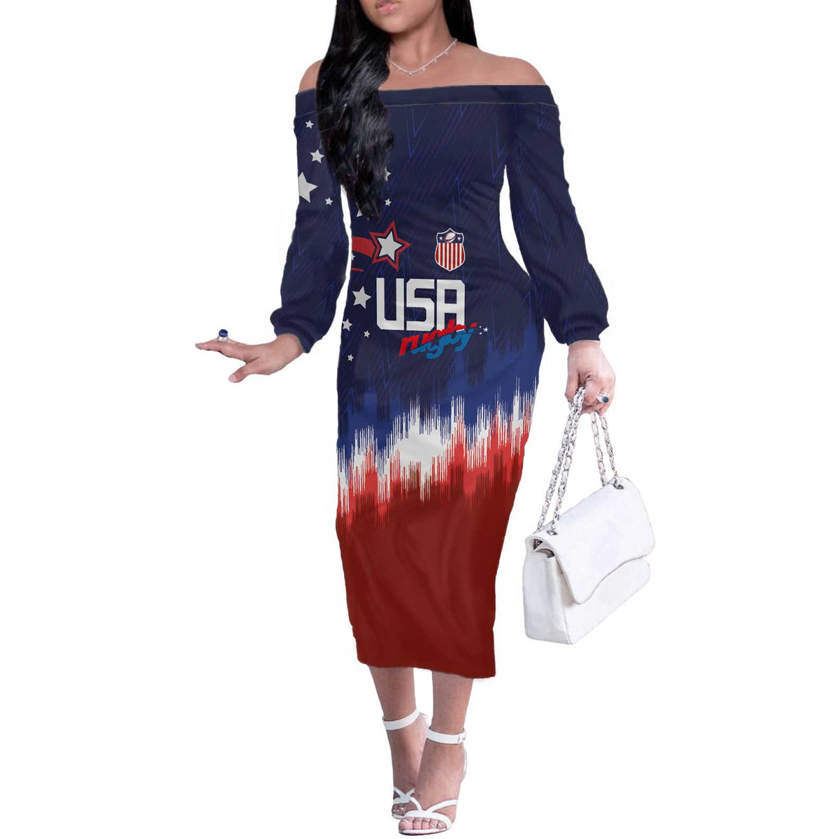 Custom Rugby USA Off The Shoulder Long Sleeve Dress American Icon - Wonder Print Shop