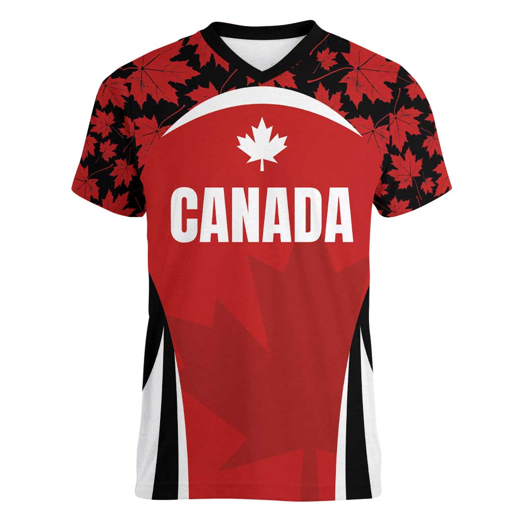 Custom Canada Pacific Rugby 2024 Women V-Neck T-Shirt Maple Pattern Jersey - Wonder Print Shop