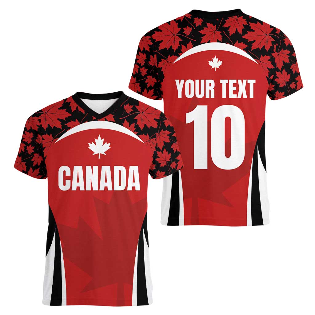 Custom Canada Pacific Rugby 2024 Women V-Neck T-Shirt Maple Pattern Jersey - Wonder Print Shop