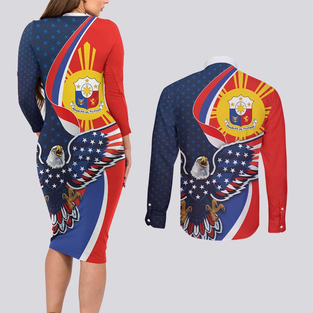 Filipino American History Month Couples Matching Long Sleeve Bodycon Dress and Long Sleeve Button Shirt USA Eagle and Philippines Sun Symbol with National Flag - Wonder Print Shop