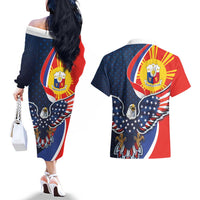Filipino American History Month Couples Matching Off The Shoulder Long Sleeve Dress and Hawaiian Shirt USA Eagle and Philippines Sun Symbol with National Flag - Wonder Print Shop