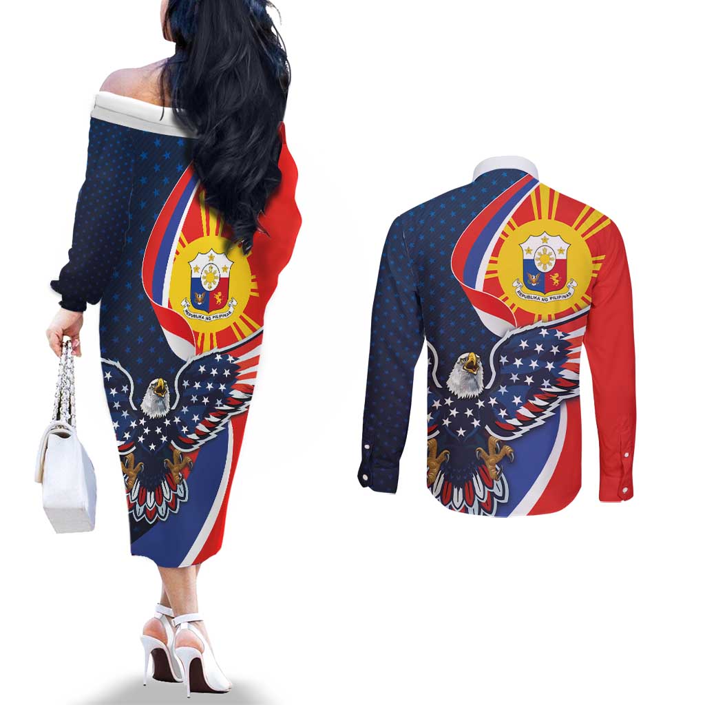 Filipino American History Month Couples Matching Off The Shoulder Long Sleeve Dress and Long Sleeve Button Shirt USA Eagle and Philippines Sun Symbol with National Flag