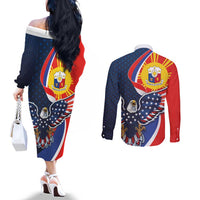Filipino American History Month Couples Matching Off The Shoulder Long Sleeve Dress and Long Sleeve Button Shirt USA Eagle and Philippines Sun Symbol with National Flag