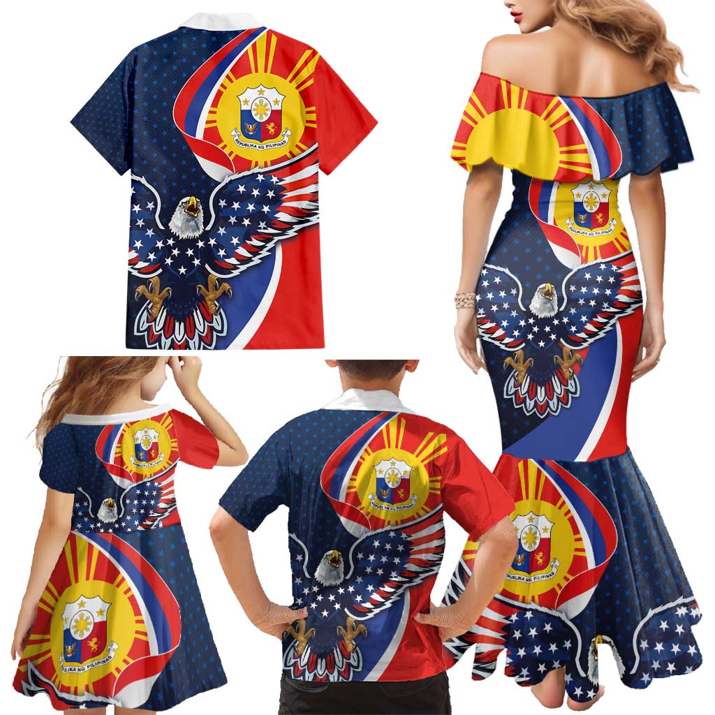 Filipino American History Month Family Matching Mermaid Dress and Hawaiian Shirt USA Eagle and Philippines Sun Symbol with National Flag - Wonder Print Shop