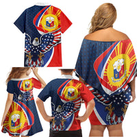 Filipino American History Month Family Matching Off Shoulder Short Dress and Hawaiian Shirt USA Eagle and Philippines Sun Symbol with National Flag - Wonder Print Shop